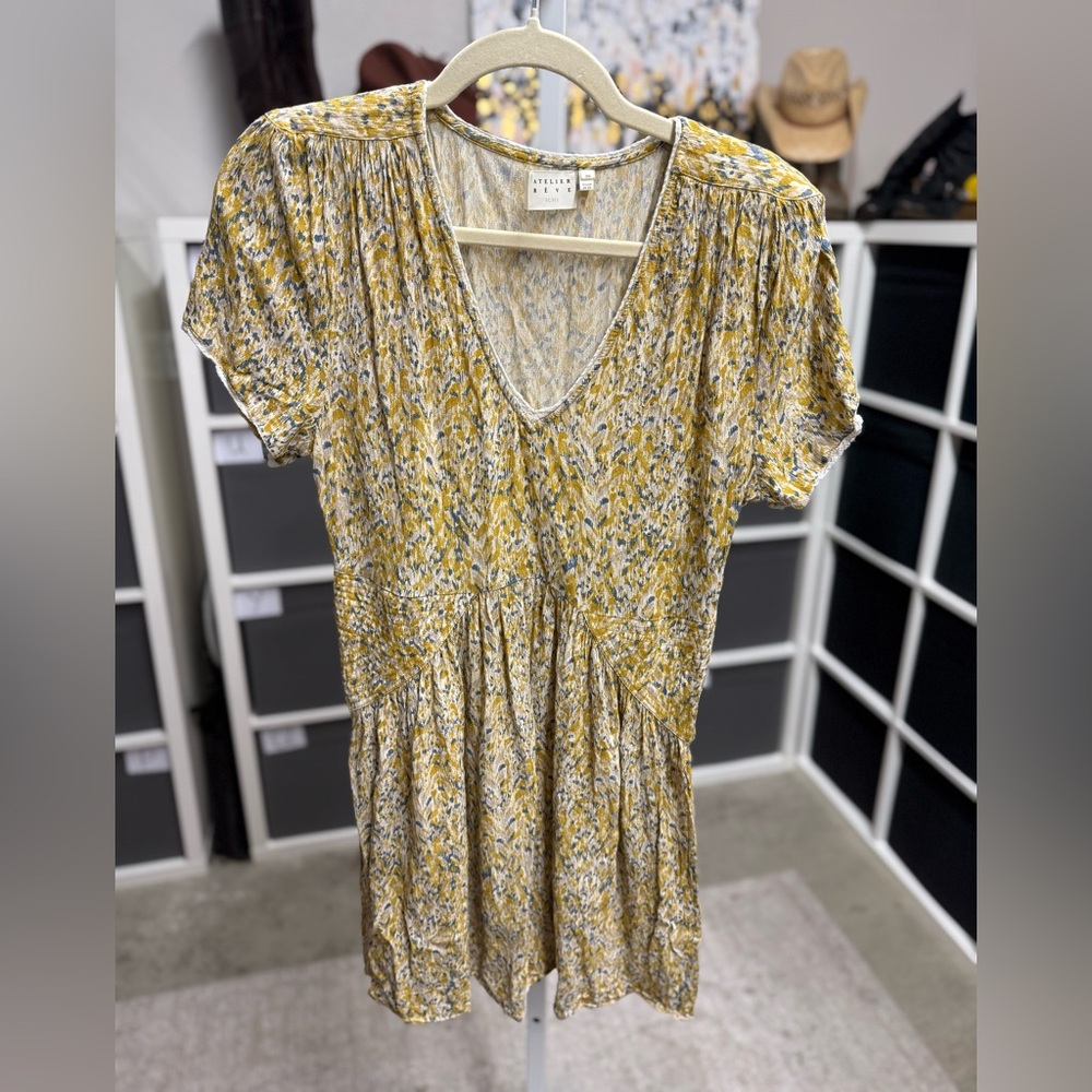 Atelier Rêve Yellow and Blue Patterned Mini Dress With Shoulder Pads Sample
